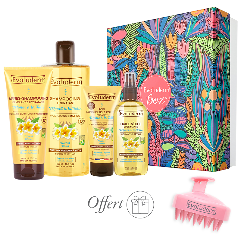 EVOLUDERM - Coffret Cadeau Bain Femme Corps & Cheveux au Monoï de Tahiti – 6 produits – Gant Exfoliant offert - Origine Naturelle - Cadeau de Noël, Anniversaire, Fête des Mères