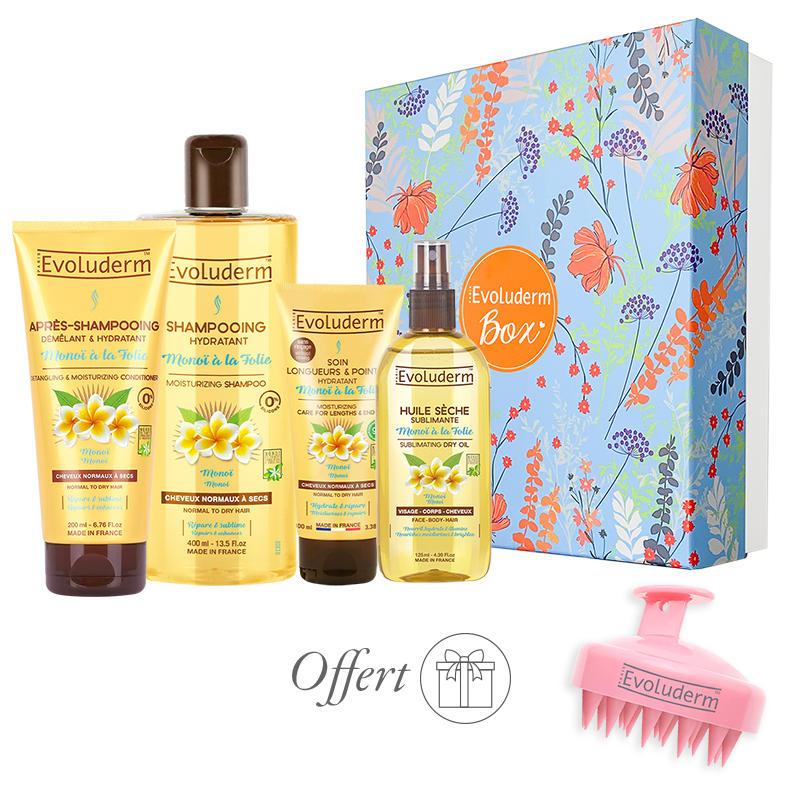 EVOLUDERM - Coffret Cadeau Bain Femme Corps & Cheveux au Monoï de Tahiti – 6 produits – Gant Exfoliant offert - Origine Naturelle - Cadeau de Noël, Anniversaire, Fête des Mères