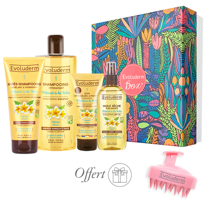 EVOLUDERM - Coffret Cadeau Bain Femme Corps & Cheveux au Monoï de Tahiti – 6 produits – Gant Exfoliant offert - Origine Naturelle - Cadeau de Noël, Anniversaire, Fête des Mères