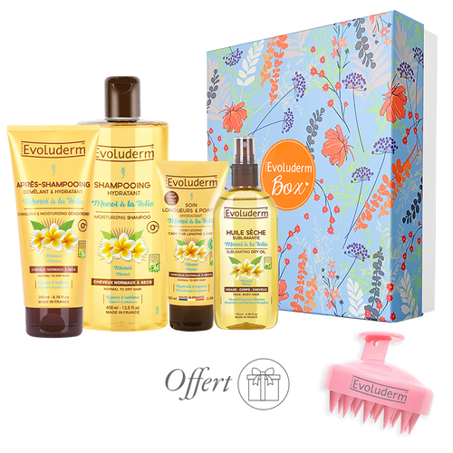 EVOLUDERM - Coffret Cadeau Bain Femme Corps & Cheveux au Monoï de Tahiti – 6 produits – Gant Exfoliant offert - Origine Naturelle - Cadeau de Noël, Anniversaire, Fête des Mères