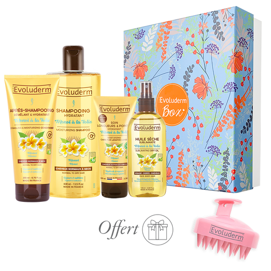 EVOLUDERM - Coffret Cadeau Bain Femme Corps & Cheveux au Monoï de Tahiti – 6 produits – Gant Exfoliant offert - Origine Naturelle - Cadeau de Noël, Anniversaire, Fête des Mères